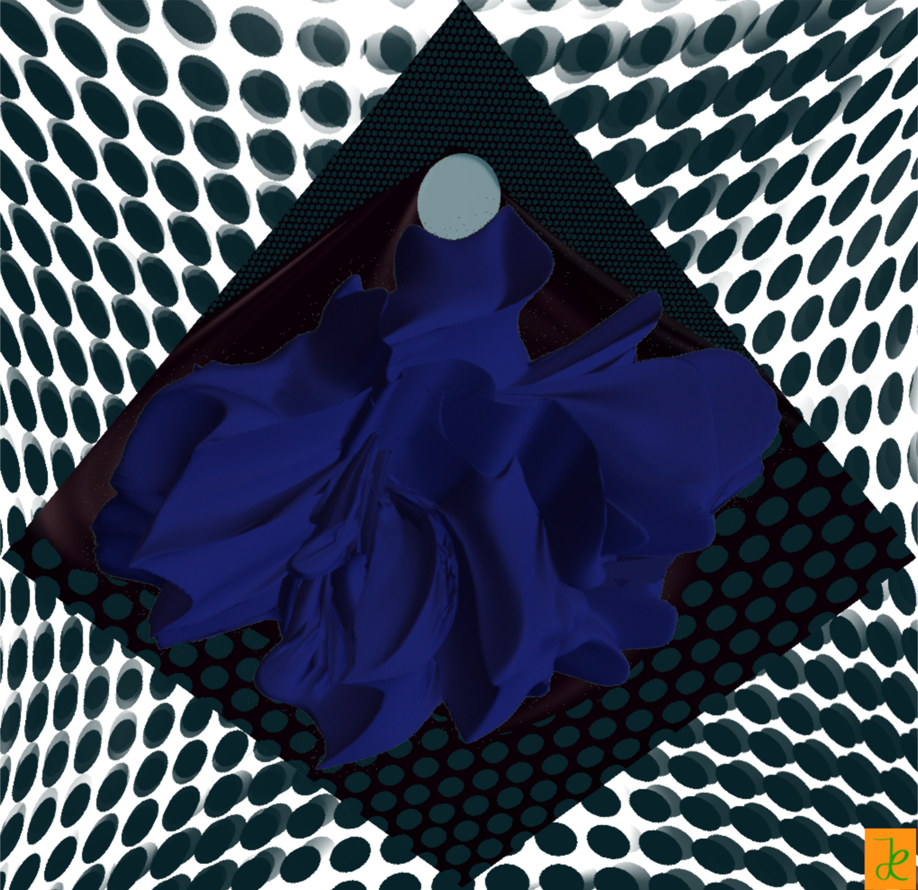 Werk - princess pearl Princess Pearl, digitale Bildarbeit mit dunkelblauer Figur, schwarzer geometrischer Form, gemustertem Hintergrund und transparenten Rändern
